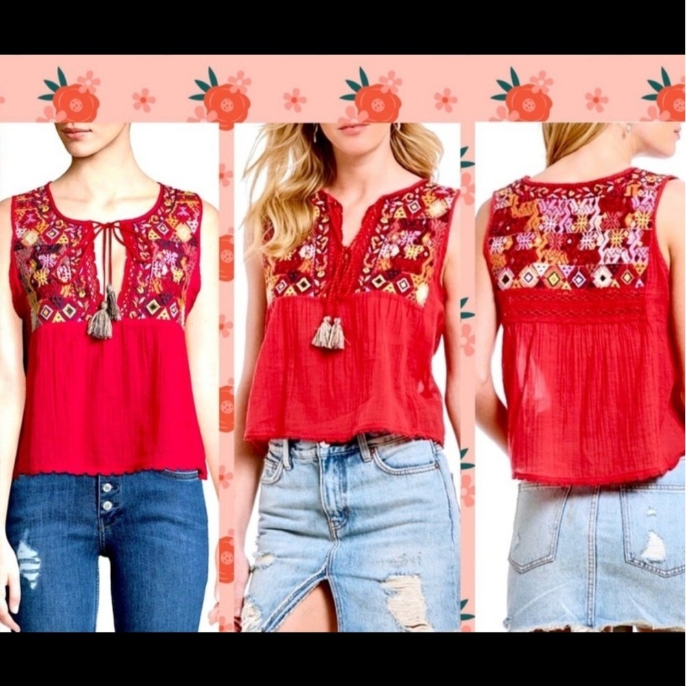 Free People Lohri Red Embroidered Sleeveless Tie Front Blouse XS Hippie Boho